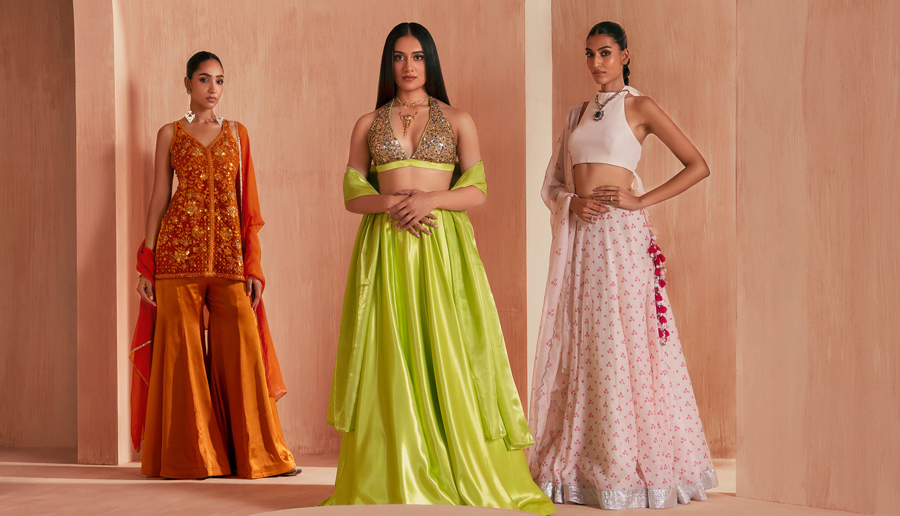 Women in Indian attire with different dupatta draping styles