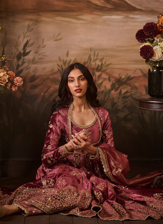 Woman fashioned in a traditional indian embroidered velvet Anarkali