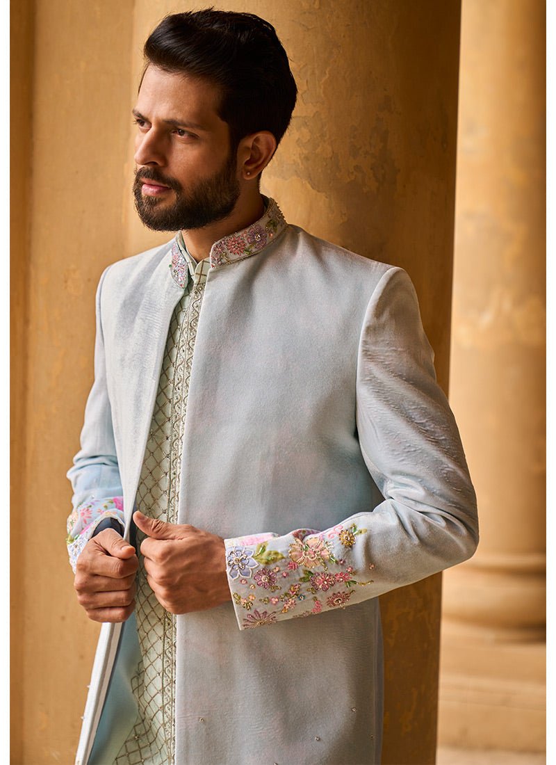 sachin and babi light blue dress Groom Attire with Champagne Bride main image 0