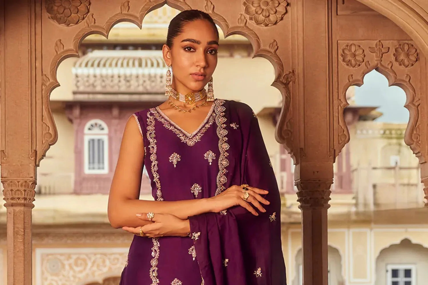 Woman Styled in a Purple Indian Palazzo Suit Style