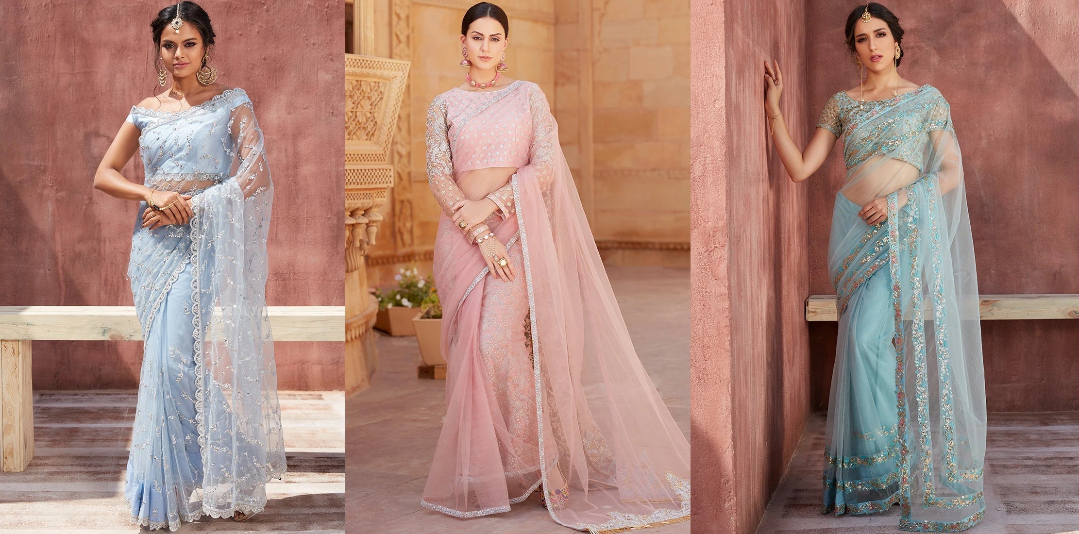 three women in different saree styles