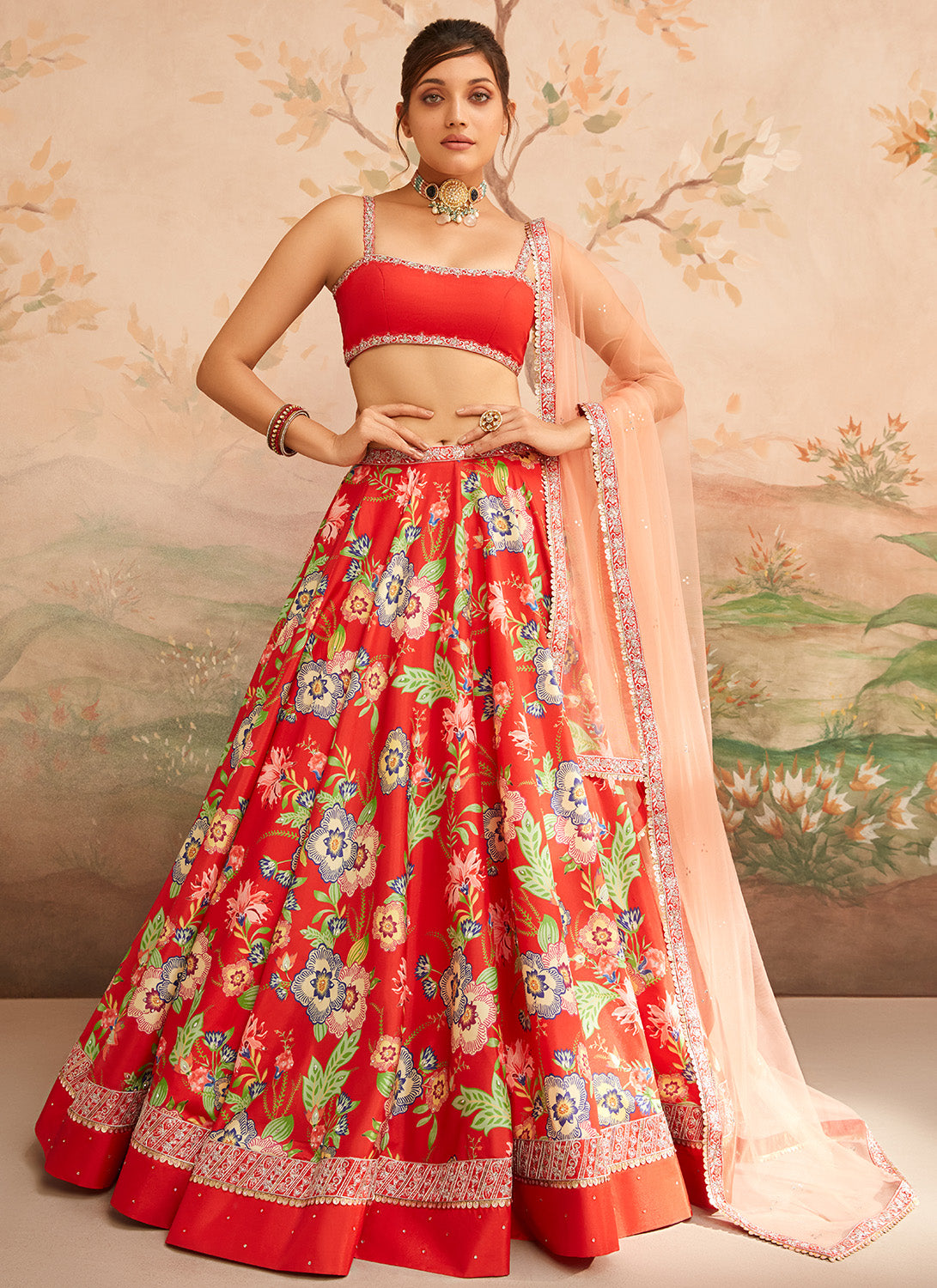 Red Floral Printed Lehenga