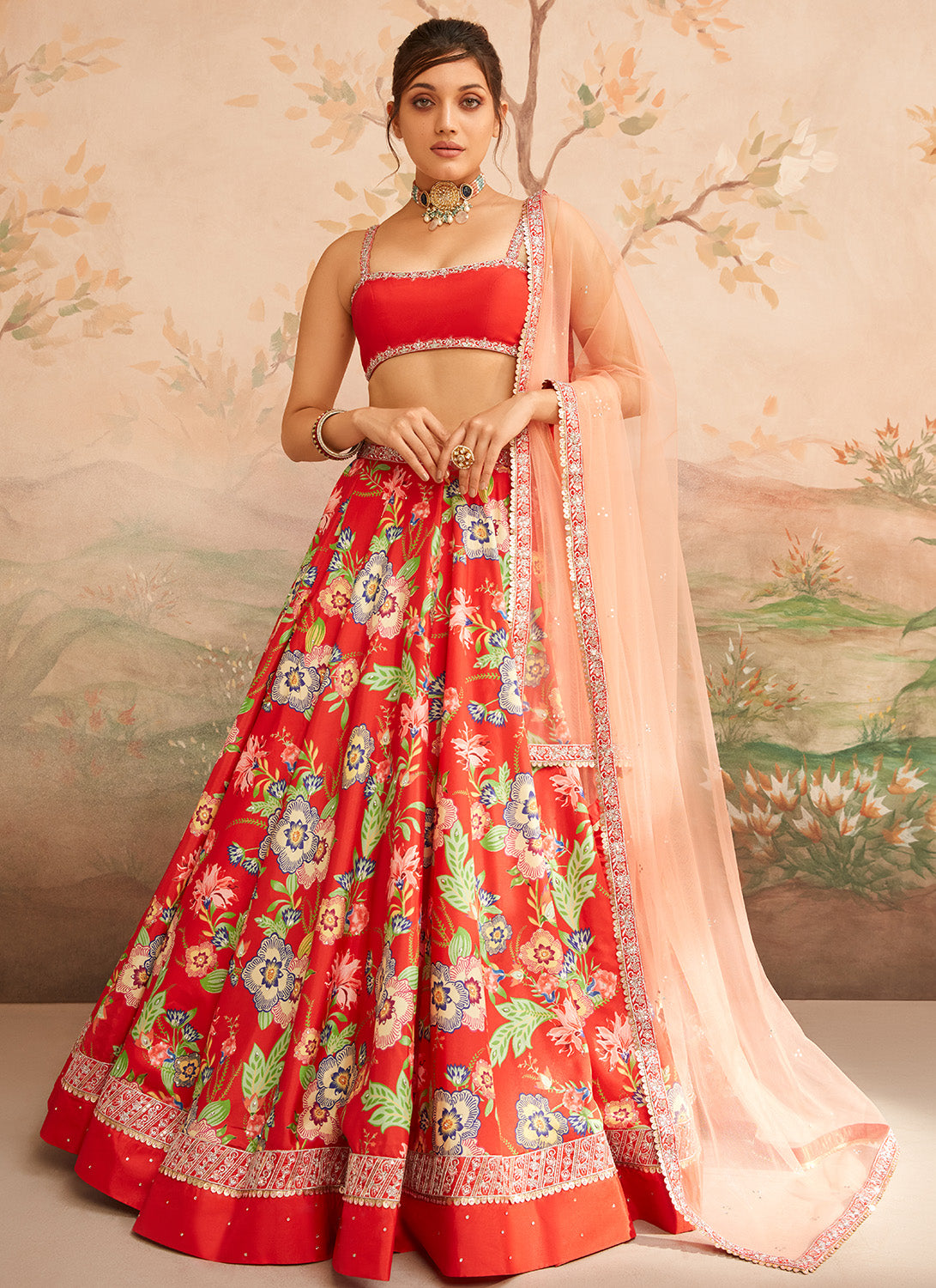 Red Floral Printed Lehenga
