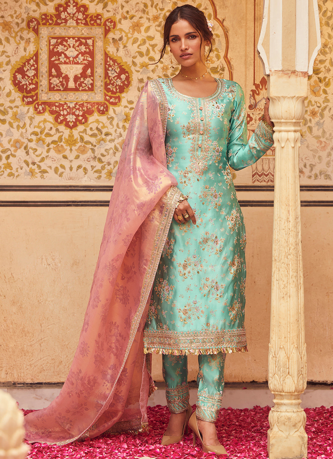 Aqua Blue Embroidered Brocade Straight Suit