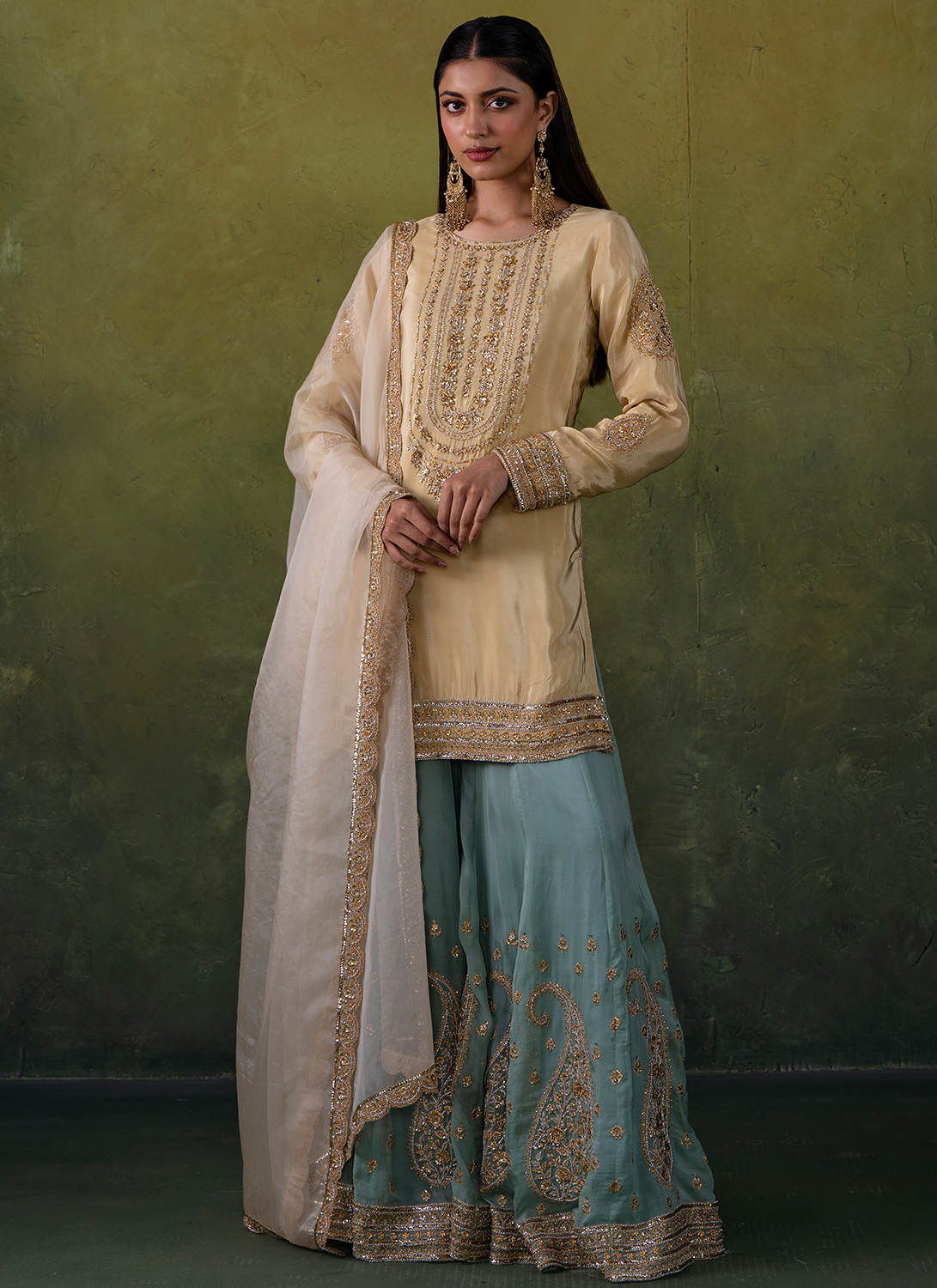 Beige and Sea Green Embroidered Crepe Sharara