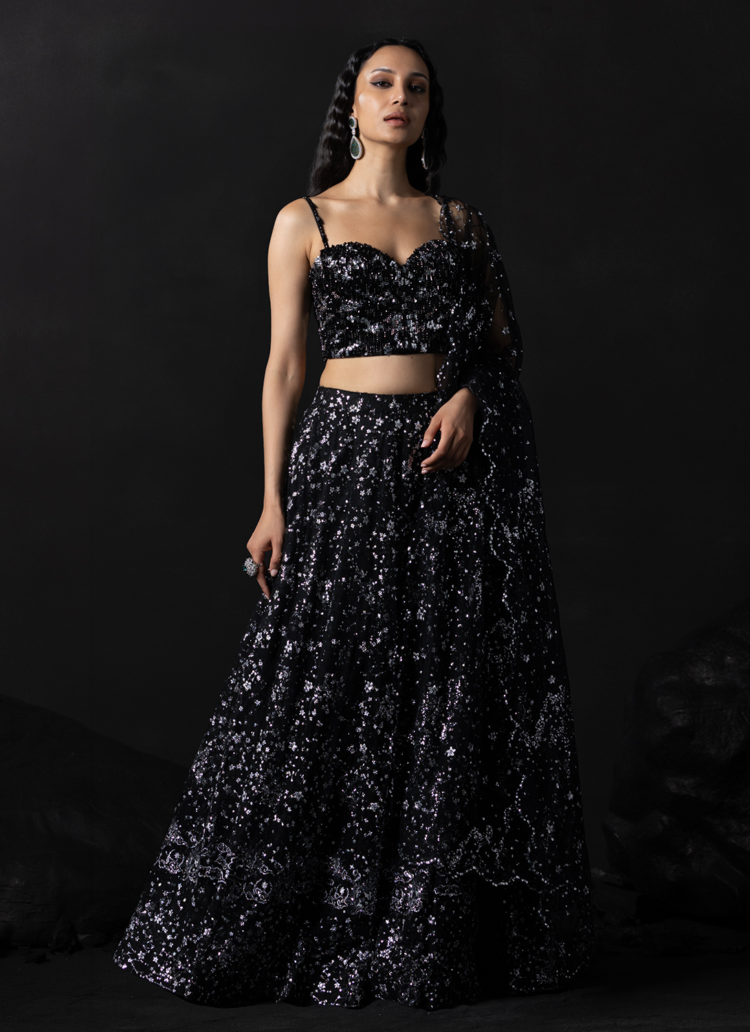 Black Embroidered Net Lehenga