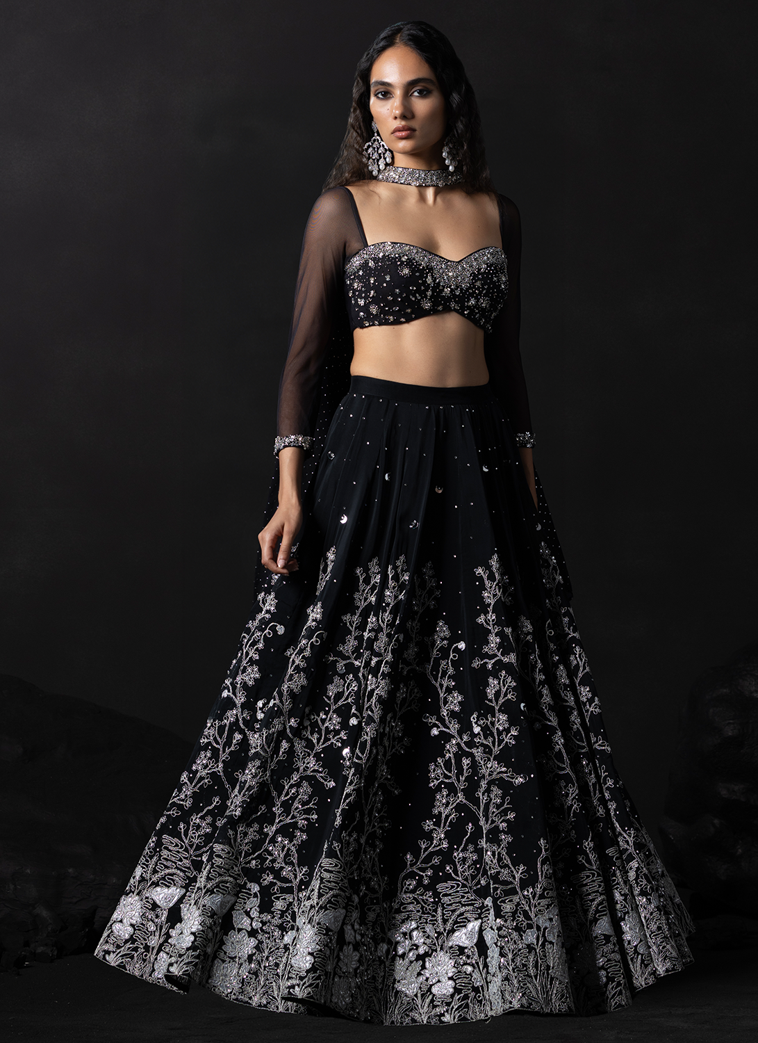 Black Embroidered Net Lehenga