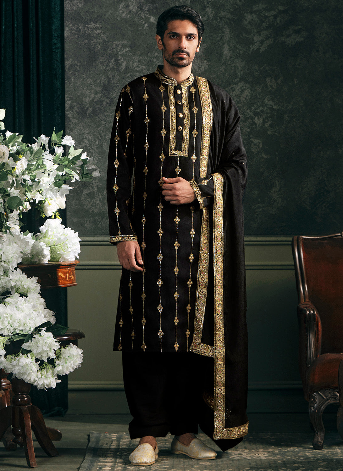 Black Embroidered Silk Kurta Set