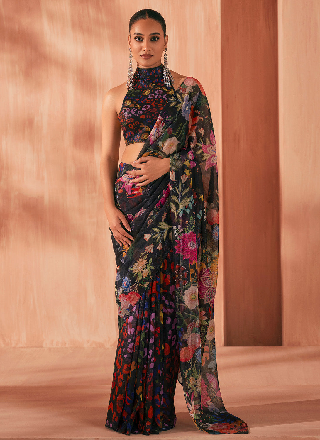 Black Multicolor Printed Chiffon Saree