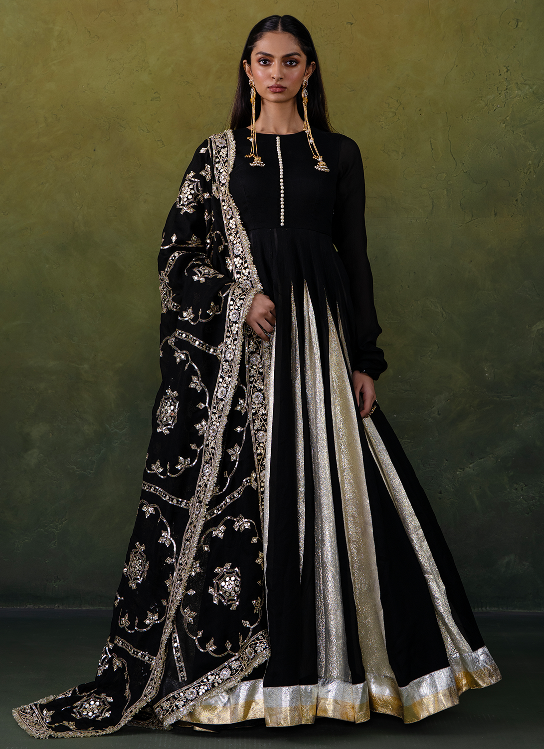 Black and Gold Embroidered Satin Anarkali