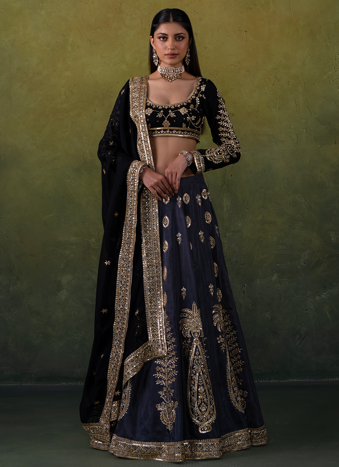 Black and Grey Embroidered Silk Lehenga