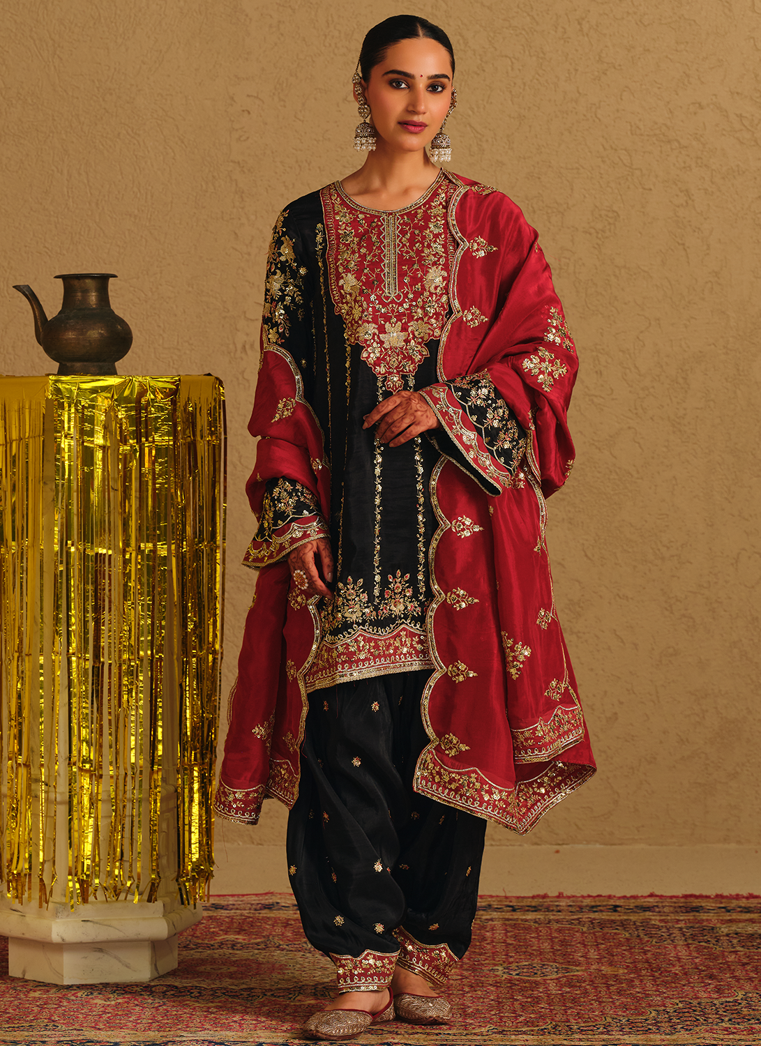 Black and Red Embroidered Silk Punjabi Suit