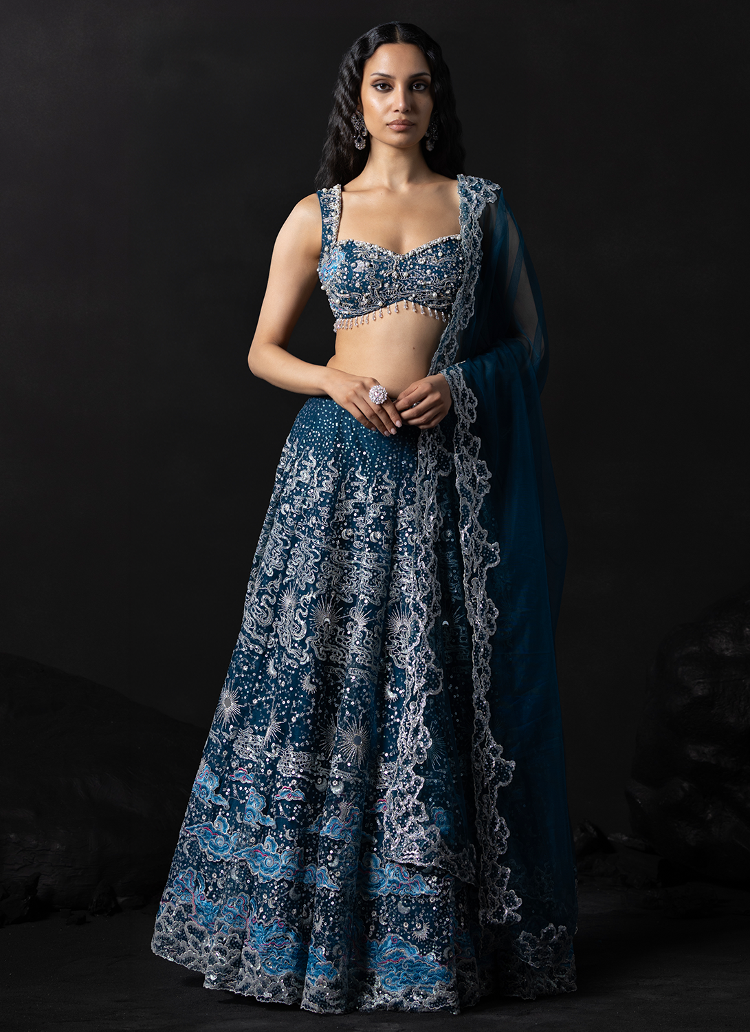 Blue Embroidered Net Lehenga