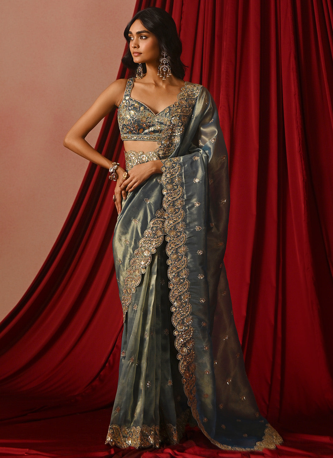 Blue Embroidered Tissue Saree