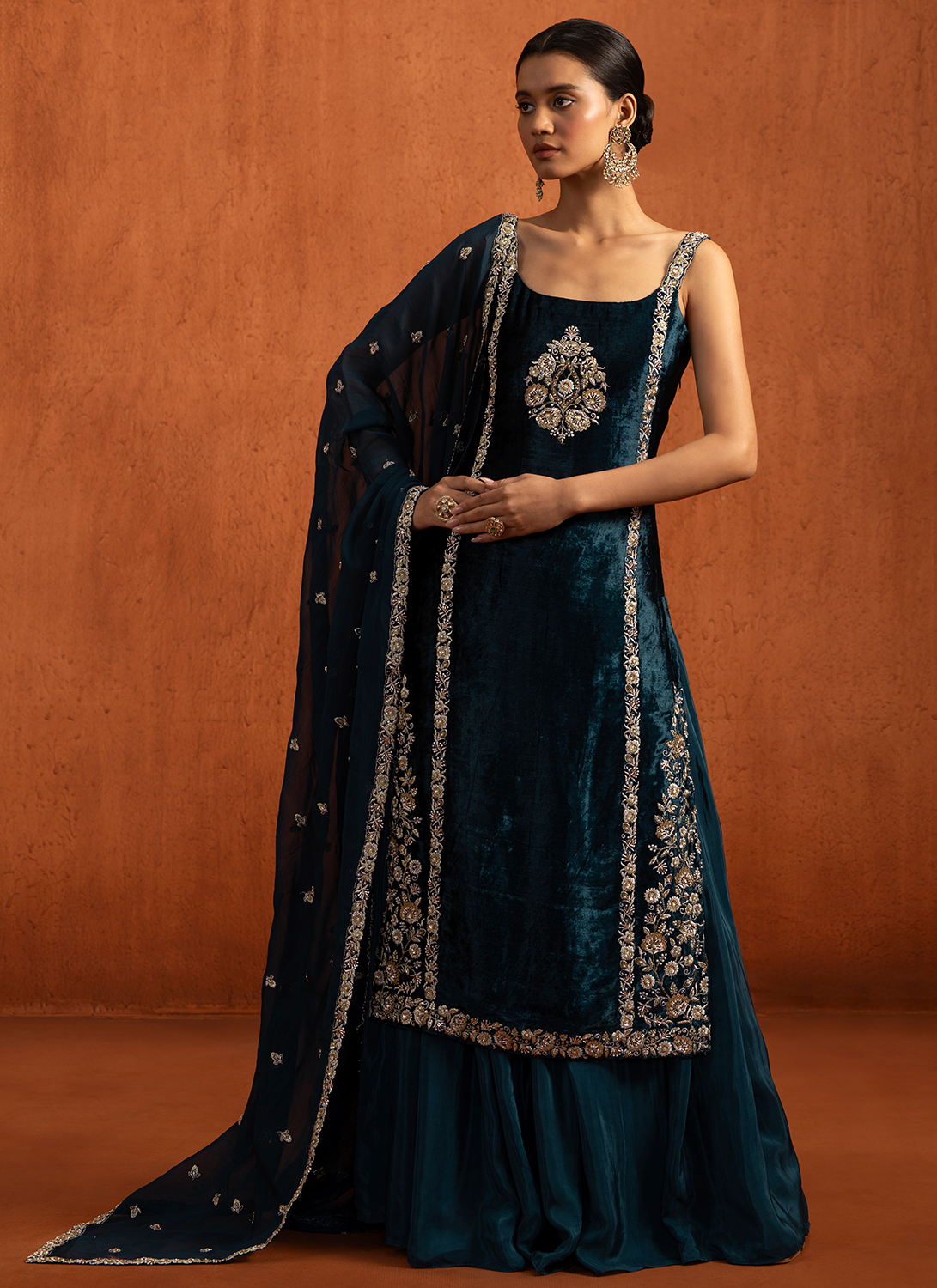 Blue Embroidered Viscose Velvet Sharara Suit