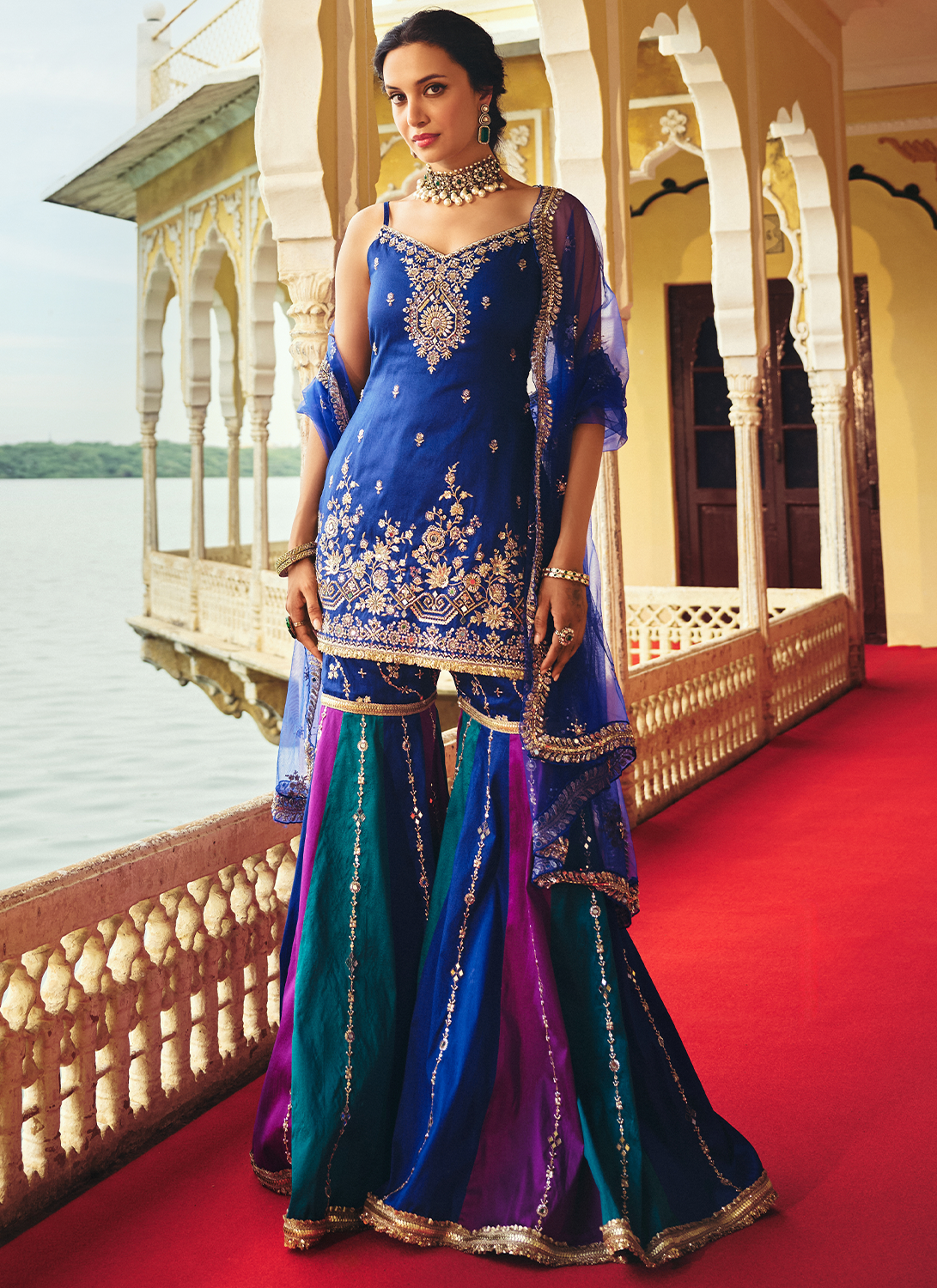 Blue Multicolor Embroidered Silk Gharara