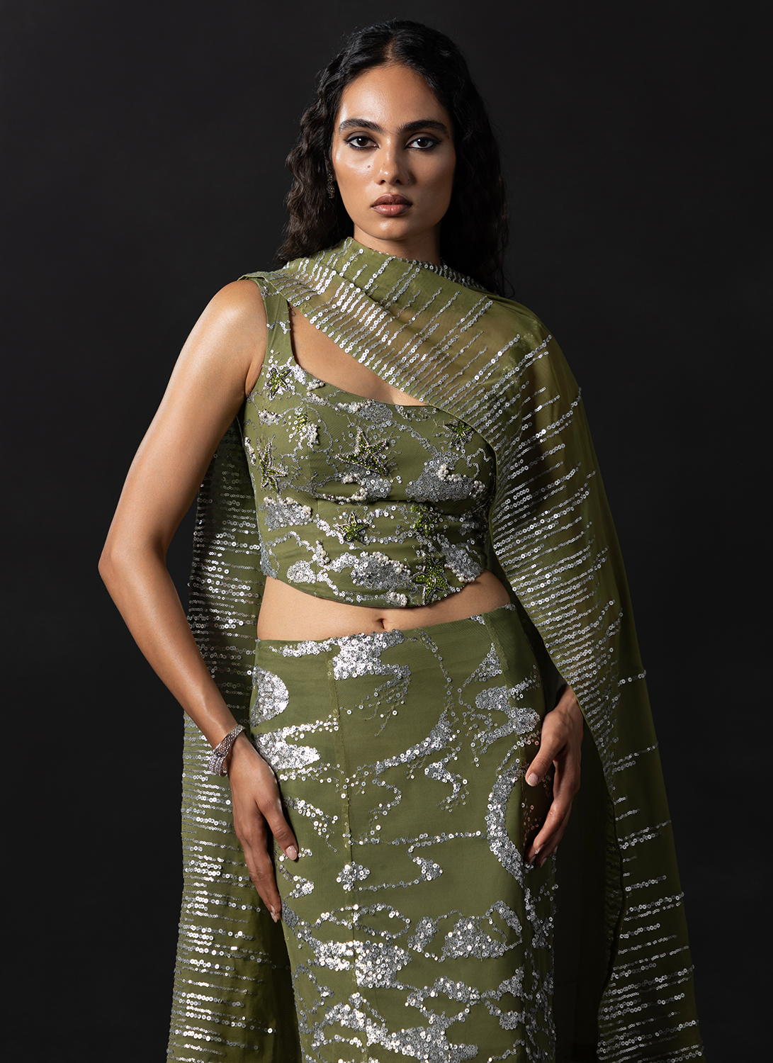 Green Embroidered Net Lehenga