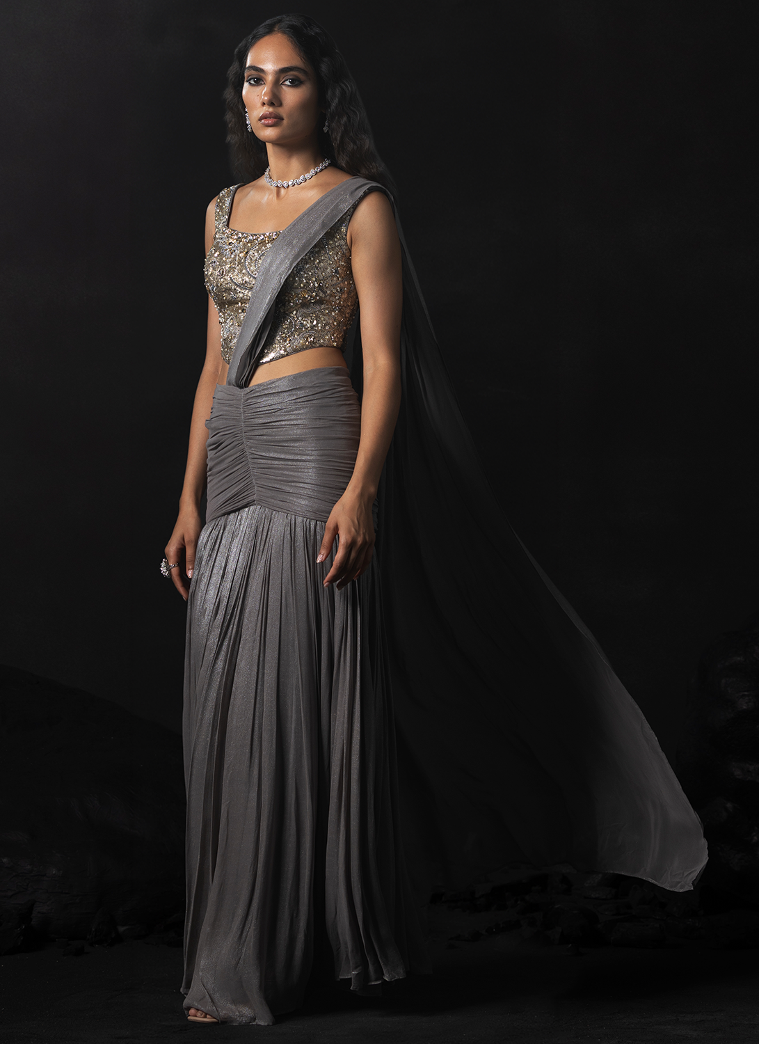 Grey Embroidered Net Saree
