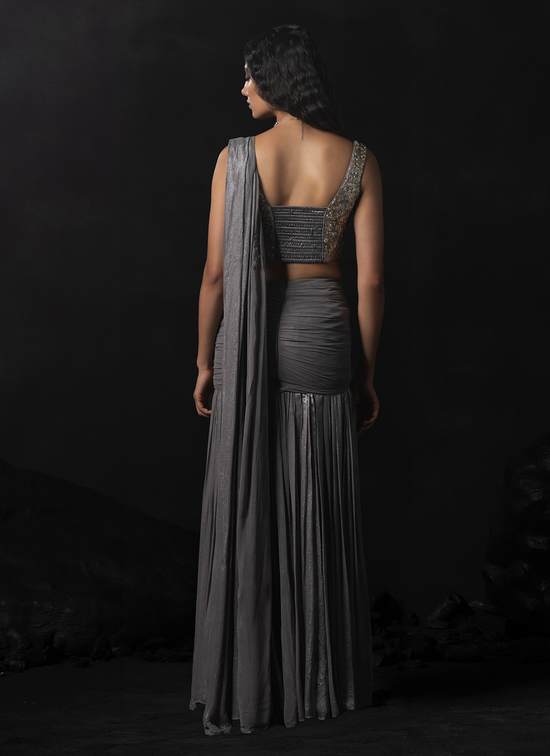 Grey Embroidered Net Saree