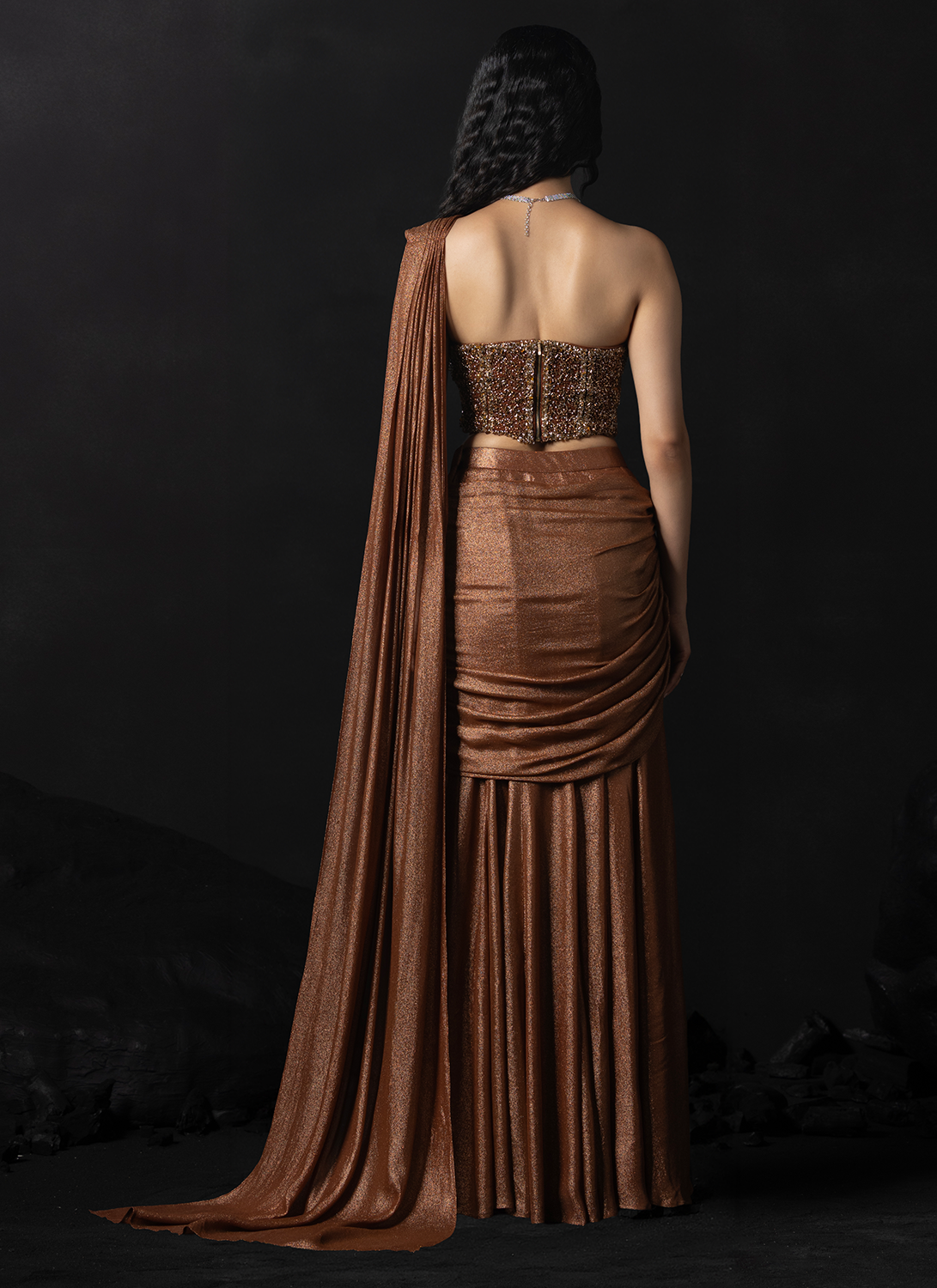 Rust Brown Embroidered Georgette Saree