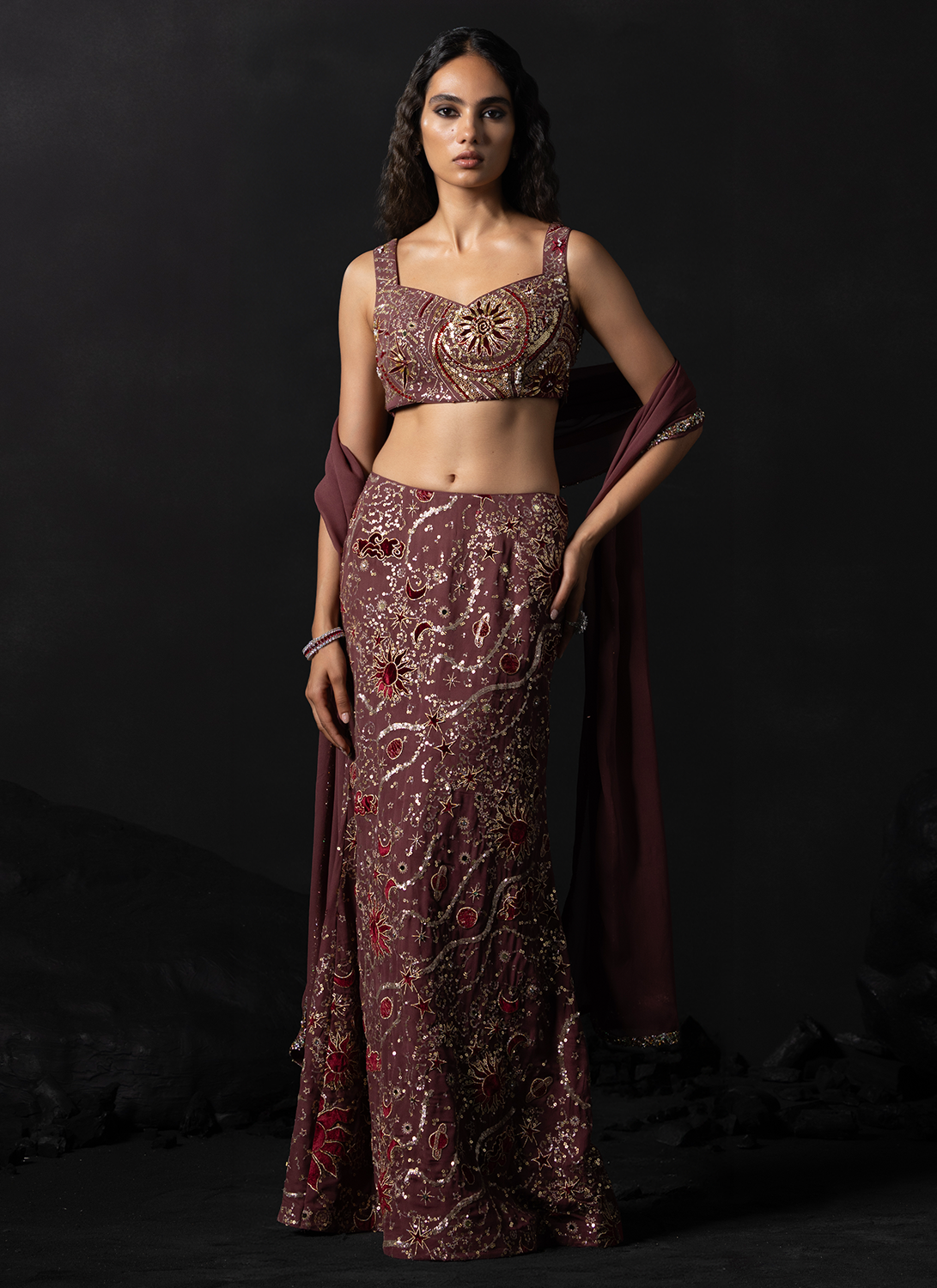 Deep Mauve Embroidered Georgette Lehenga
