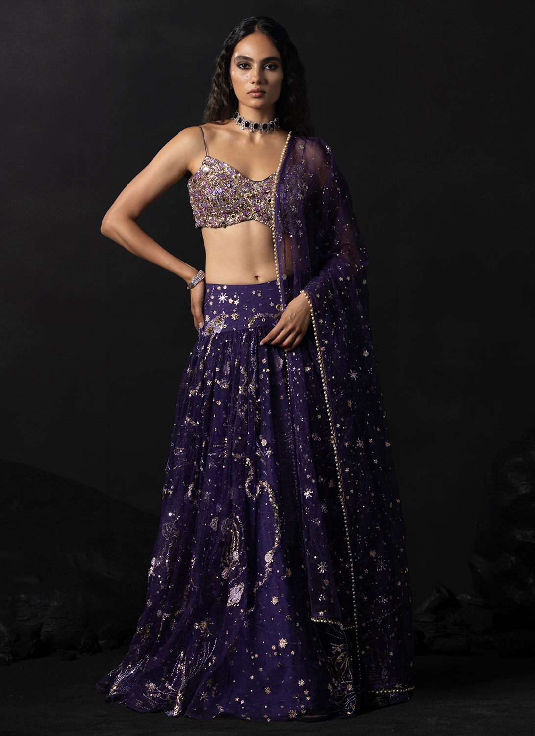 Purple Embroidered Shimmer Net Lehenga