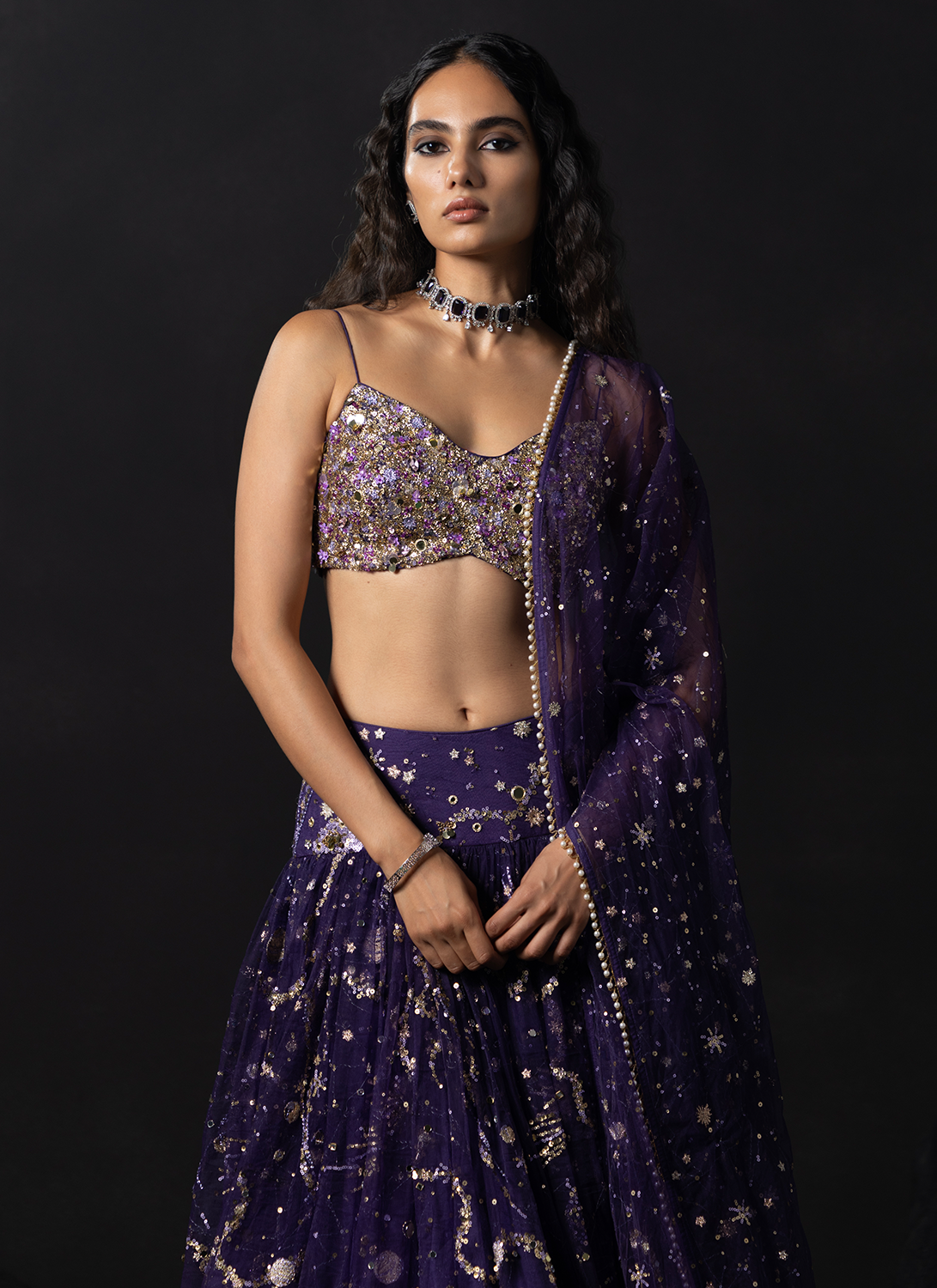 Purple Embroidered Shimmer Net Lehenga
