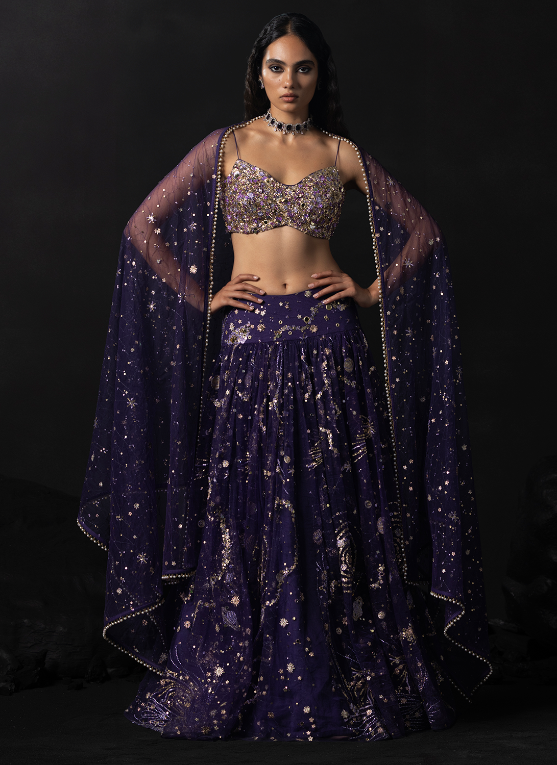 Purple Embroidered Shimmer Net Lehenga