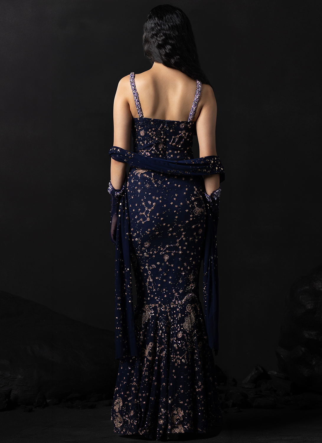 Navy Blue Celestial Zodiac Mermaid Gown