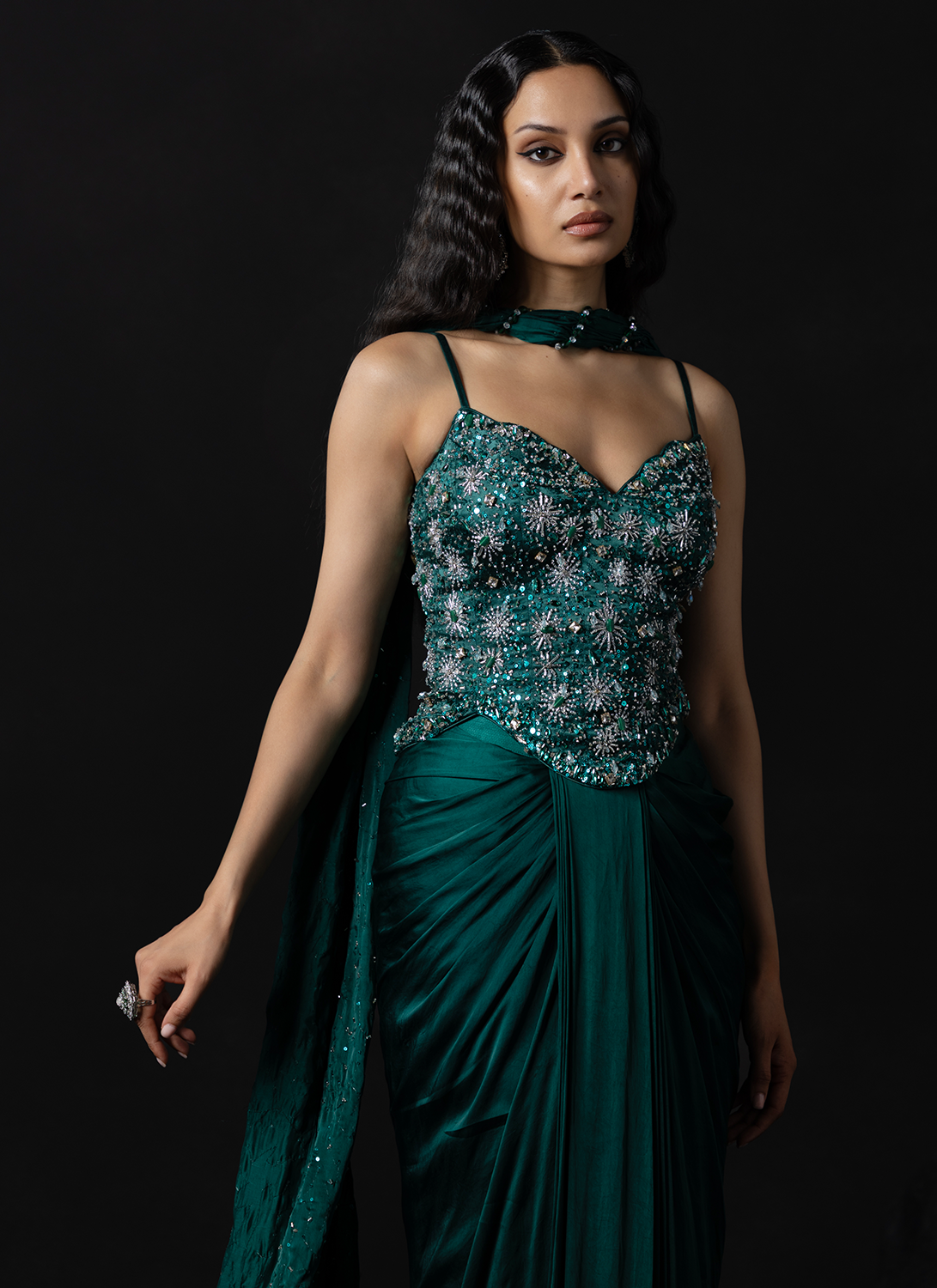 Emerald Green Embroidered Satin Anarkali Gown