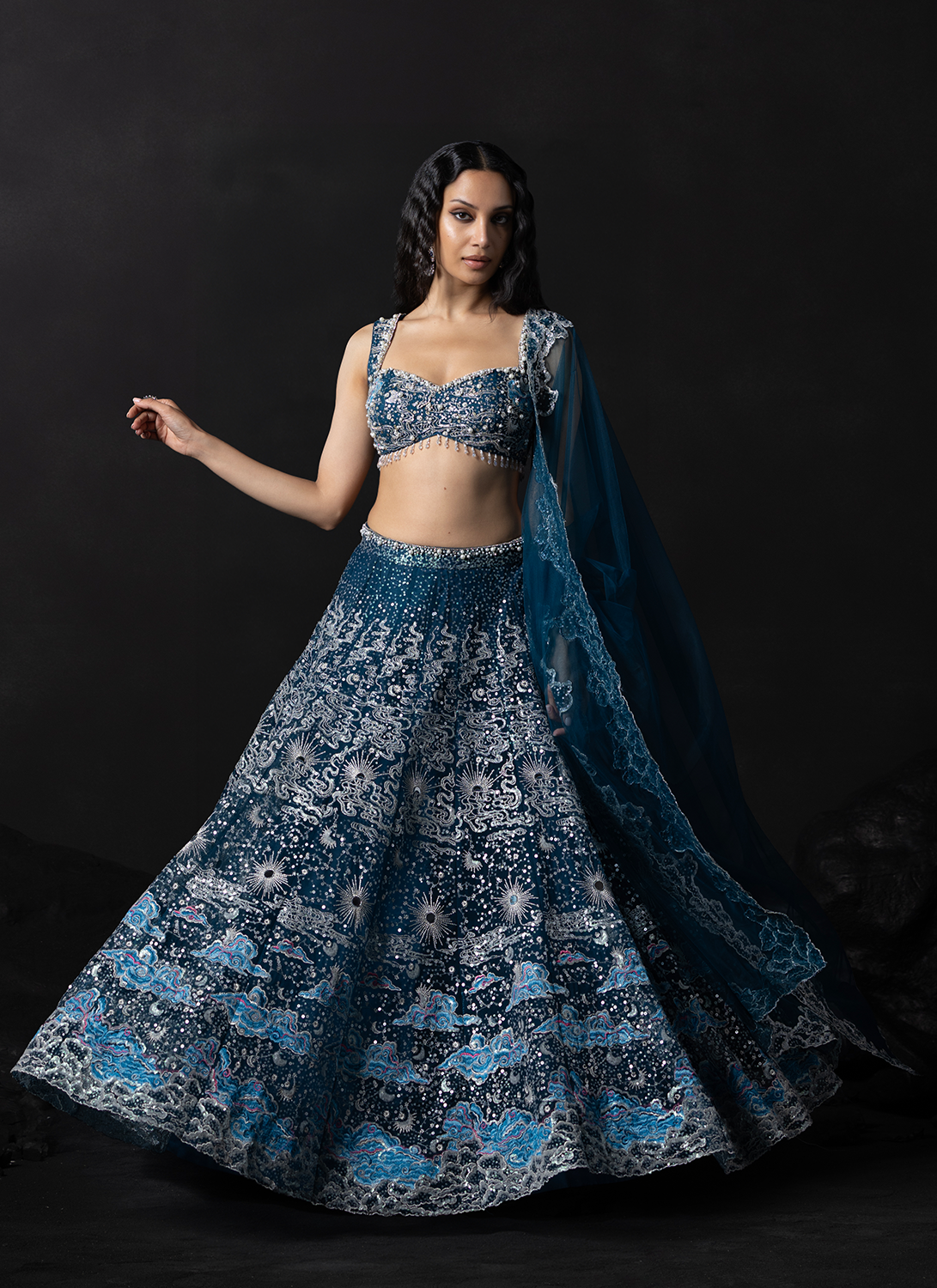 Blue Embroidered Net Lehenga