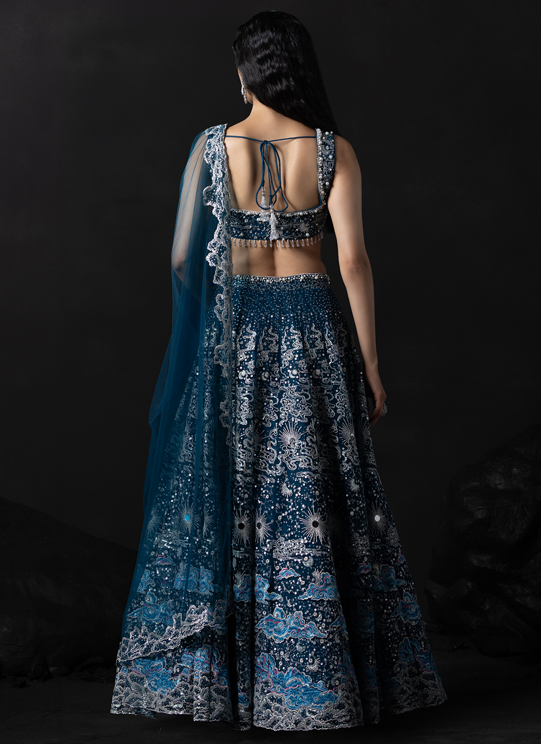 Blue Embroidered Net Lehenga