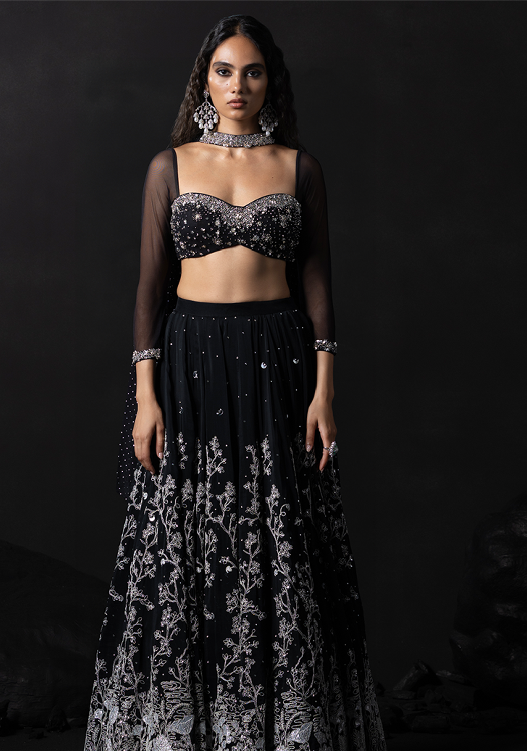 Black Embroidered Net Lehenga
