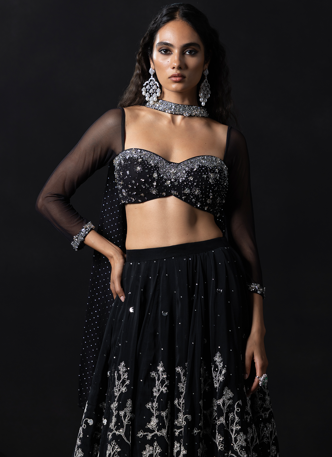 Black Embroidered Net Lehenga