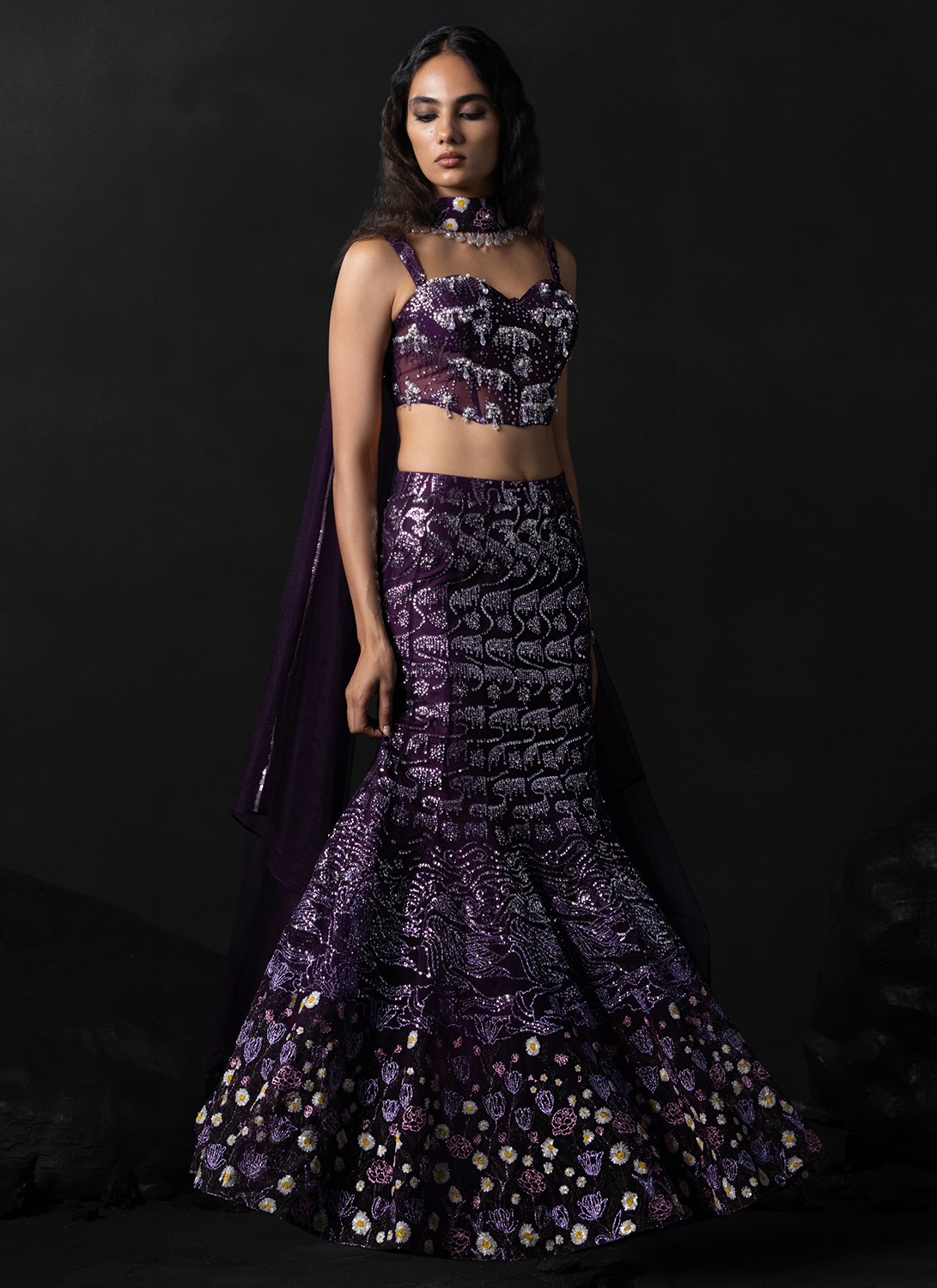 Wine Embroidered Net Lehenga