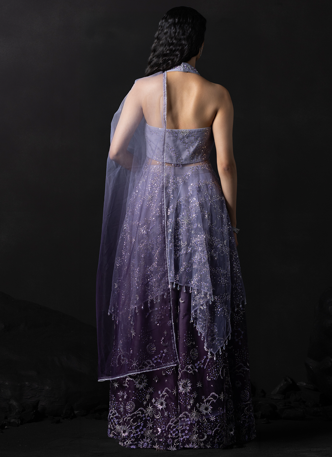 Purple Embroidered Net Sharara