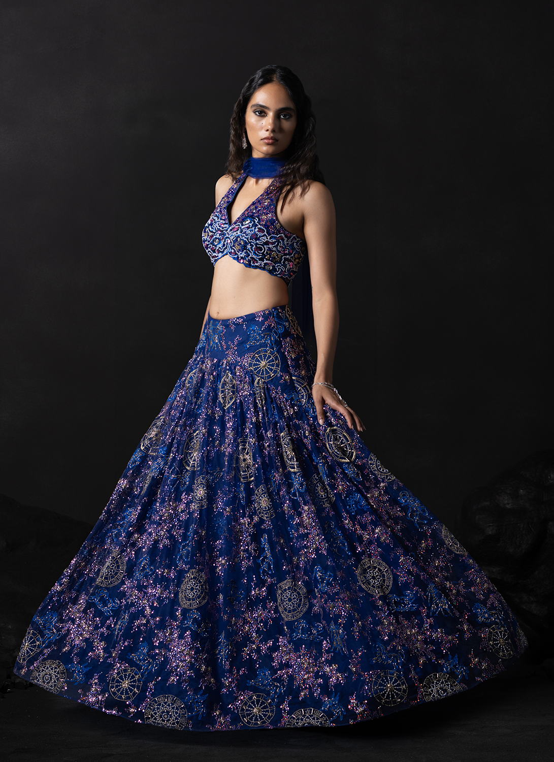 Blue Embroidered Net Lehenga