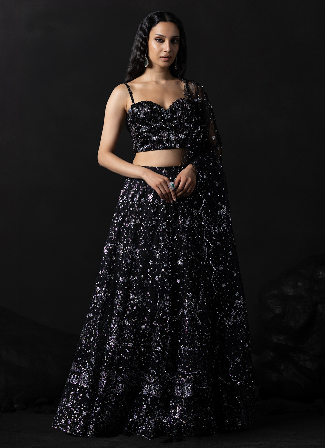 Black Embroidered Net Lehenga