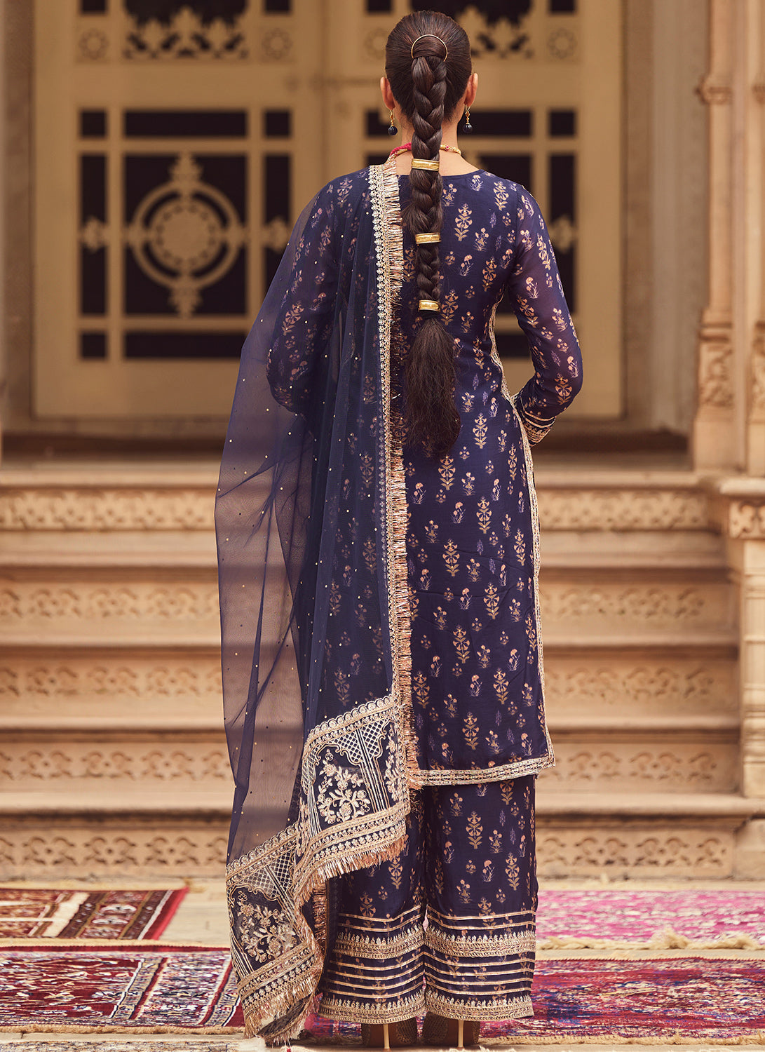 Navy Blue Embroidered Tissue Straight Suit
