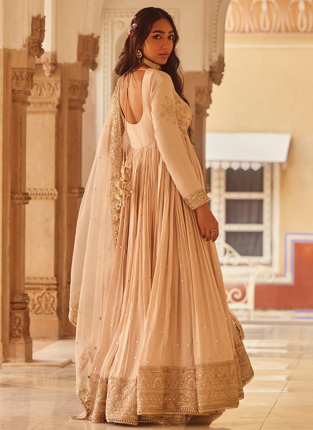 Nude Embroidered Tissue Anarkali