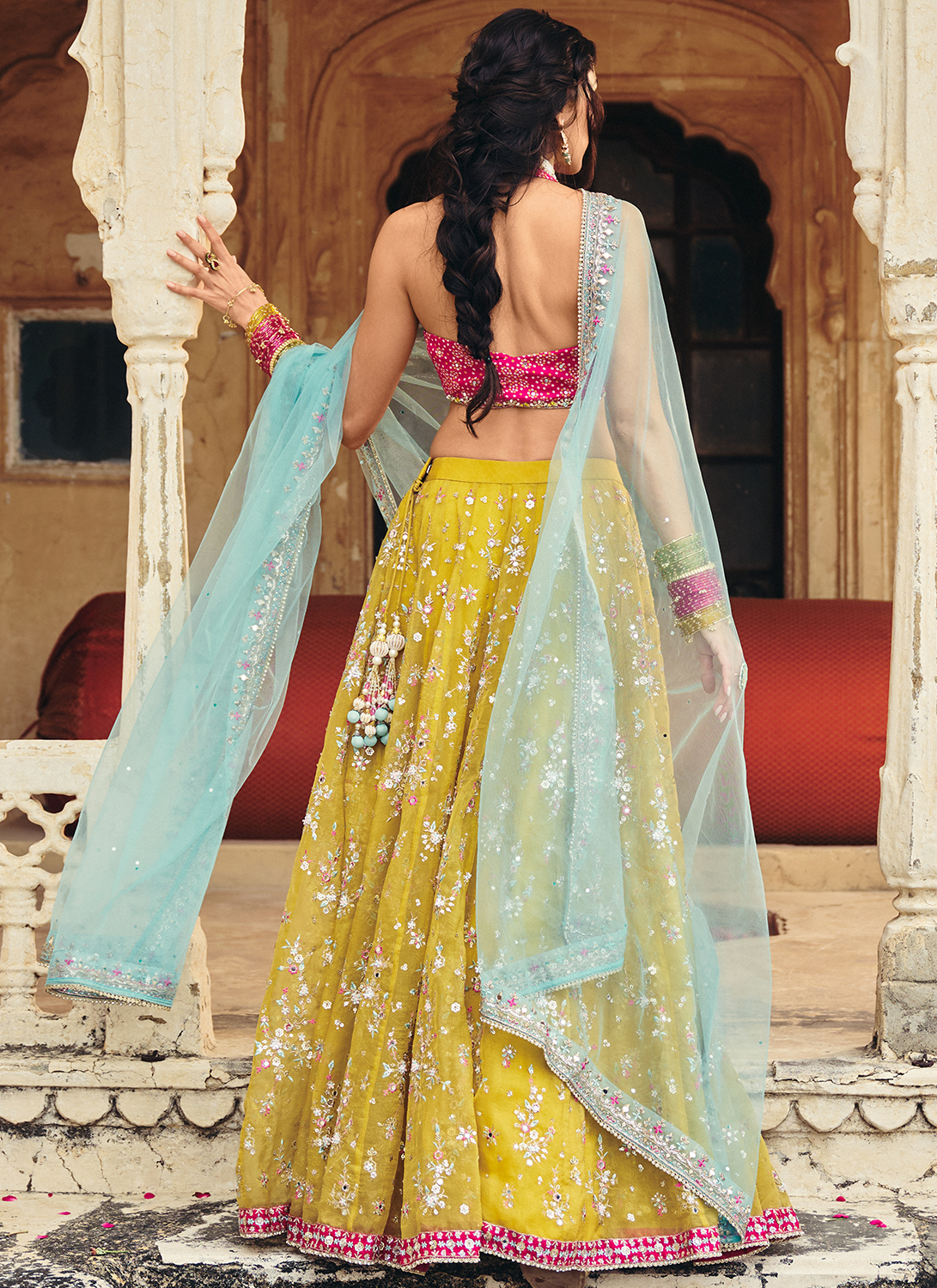 Mustard Multicolor Embroidered Bandhani Lehenga