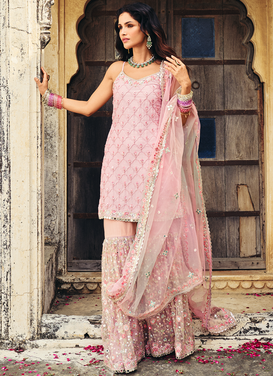 Blush Pink Embroidered Viscose Chinon Gharara