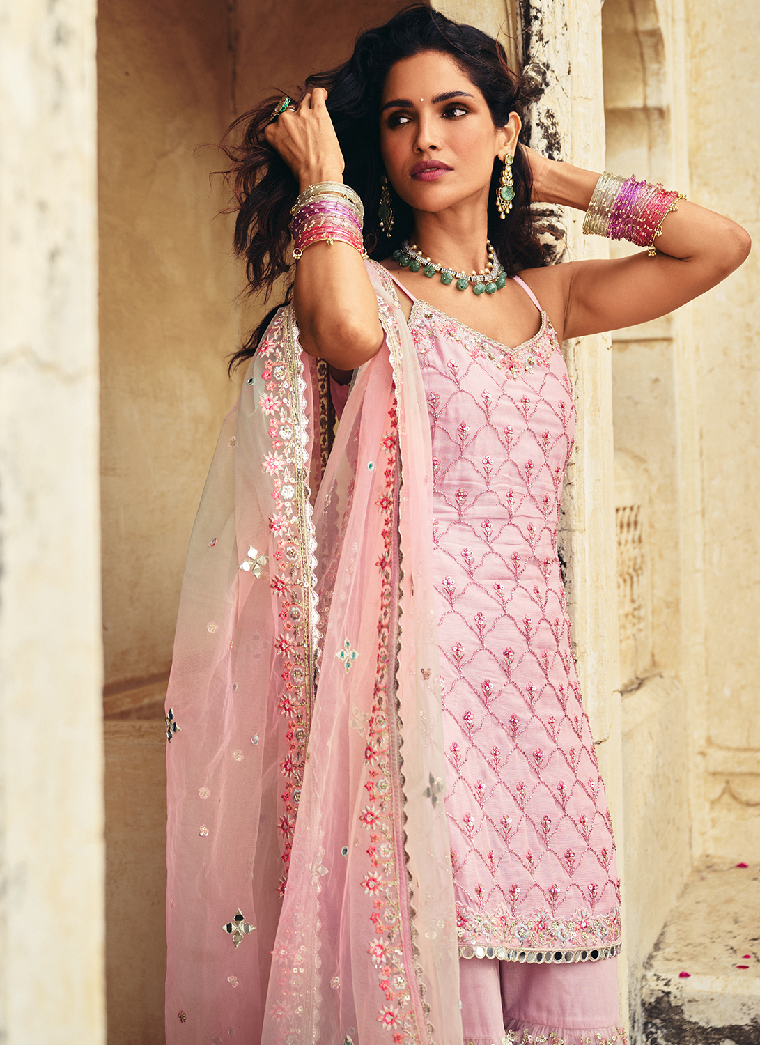 Blush Pink Embroidered Viscose Chinon Gharara