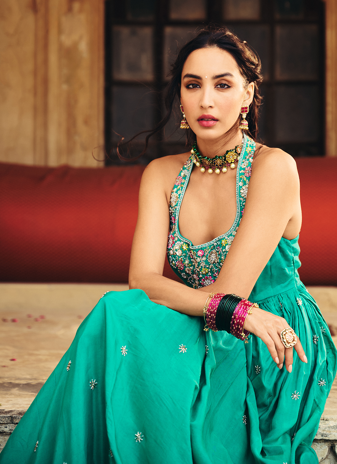 Turquoise Blue Embroidered Viscose Silk Anarkali