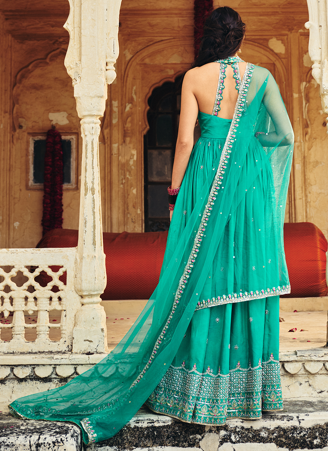 Turquoise Blue Embroidered Viscose Silk Anarkali