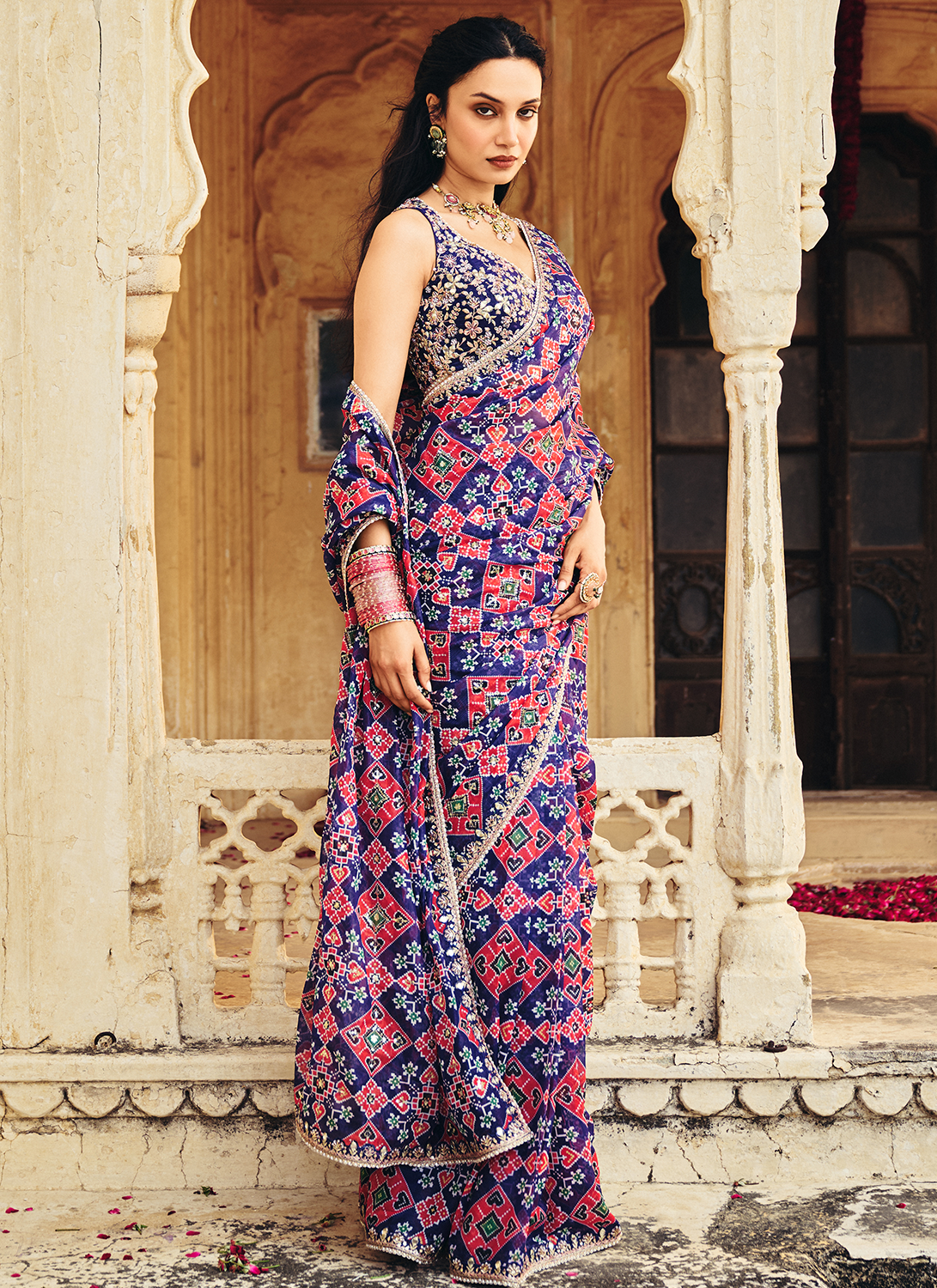 Navy Blue Embroidered Multicolor Chiffon Saree