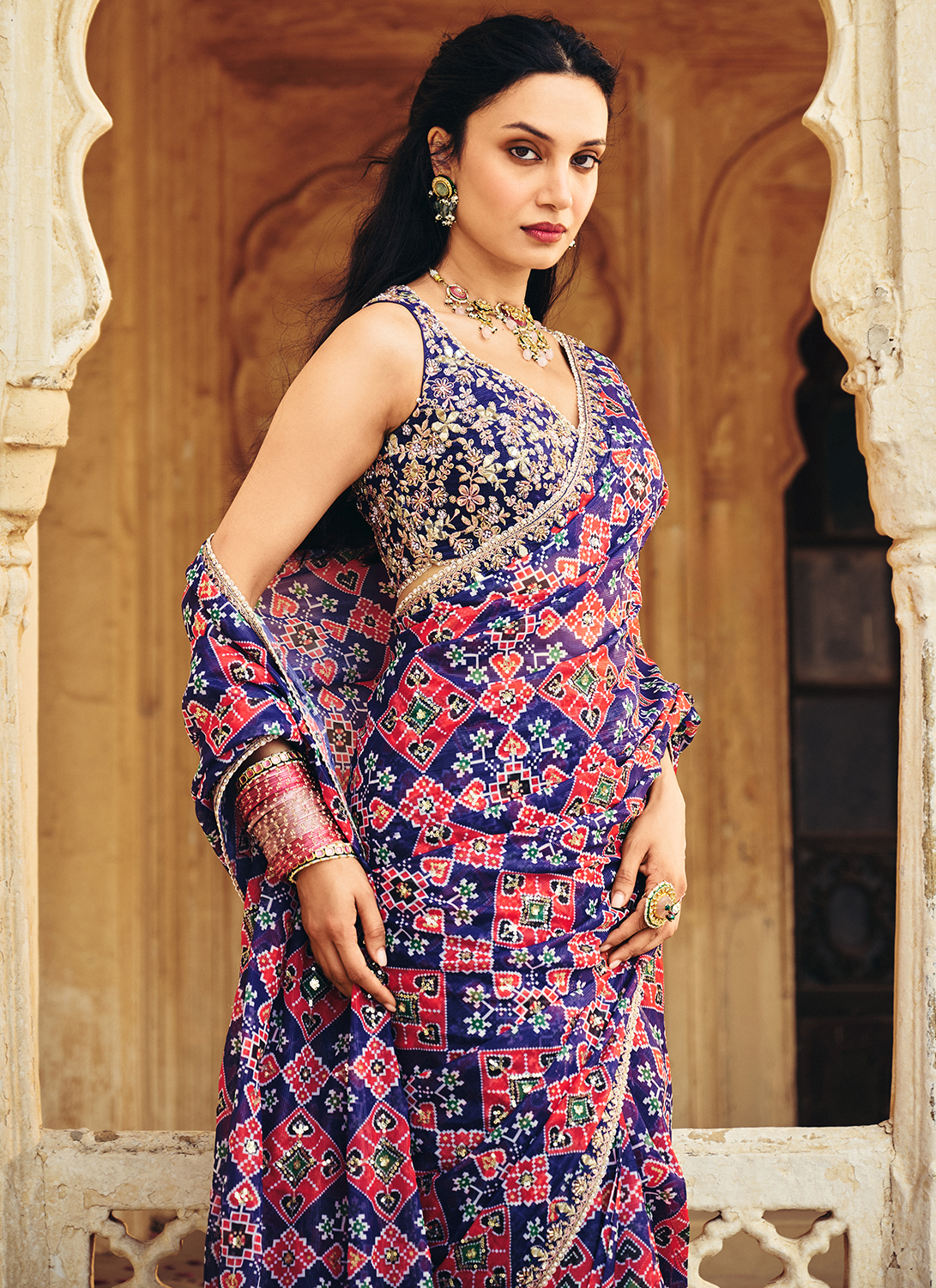 Navy Blue Embroidered Multicolor Chiffon Saree