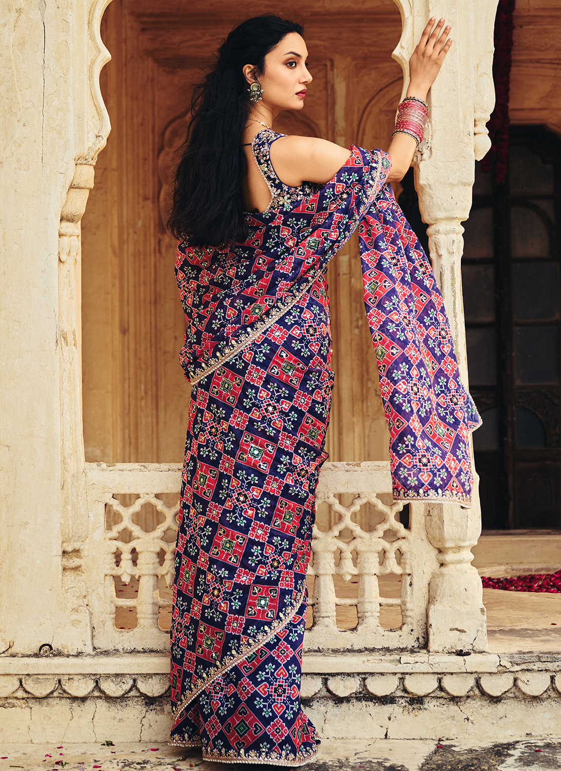 Navy Blue Embroidered Multicolor Chiffon Saree