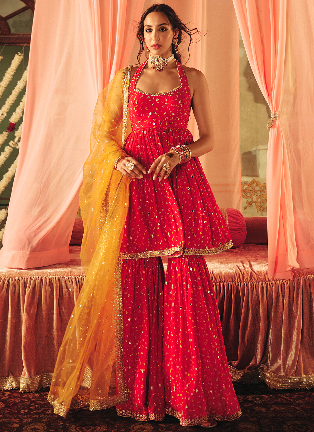 Hot Pink Embroidered Viscose Bandhani Gharara