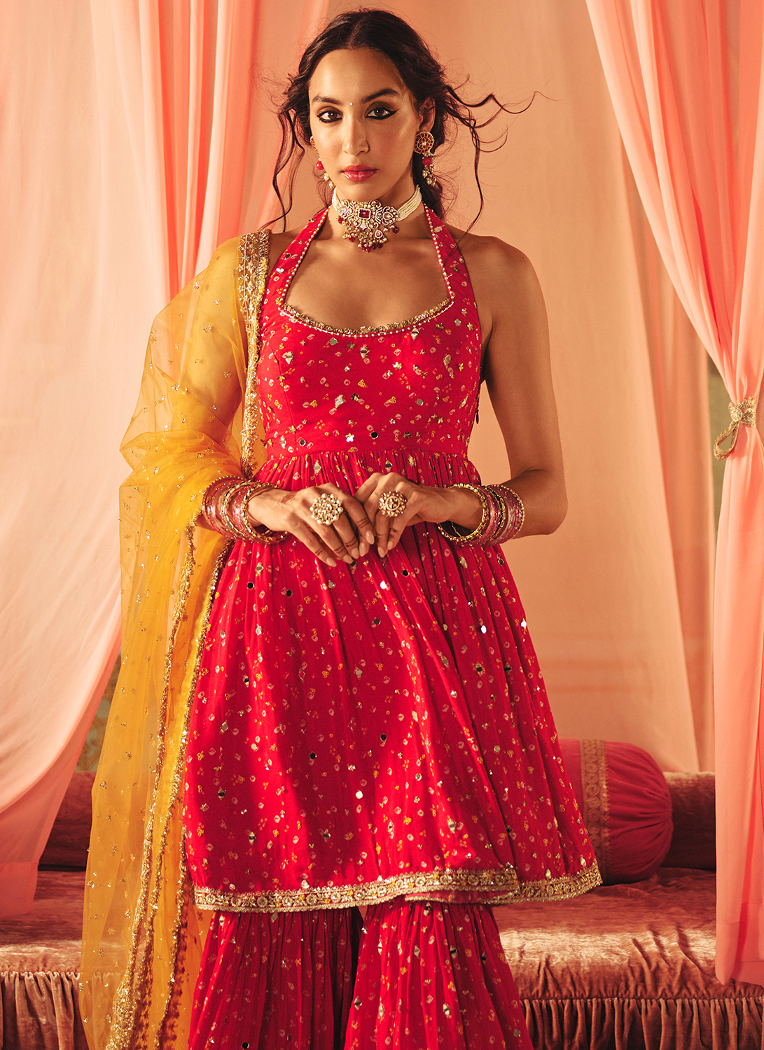 Hot Pink Embroidered Viscose Bandhani Gharara